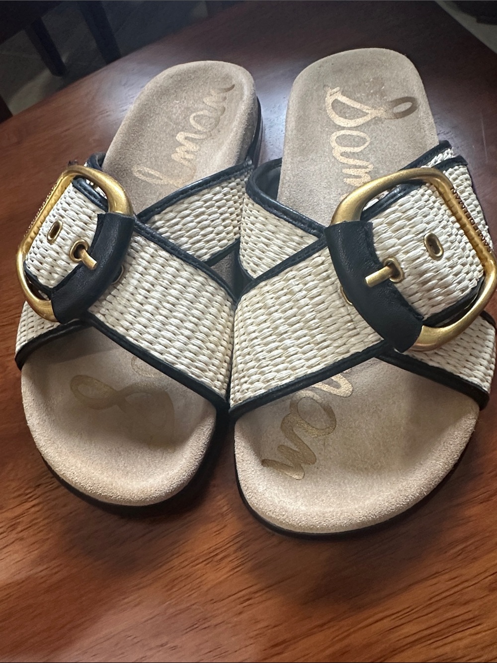 Sam Edelman Woven Cream Slide Sandals with Black Trim & Gold Buckles Adjustable
